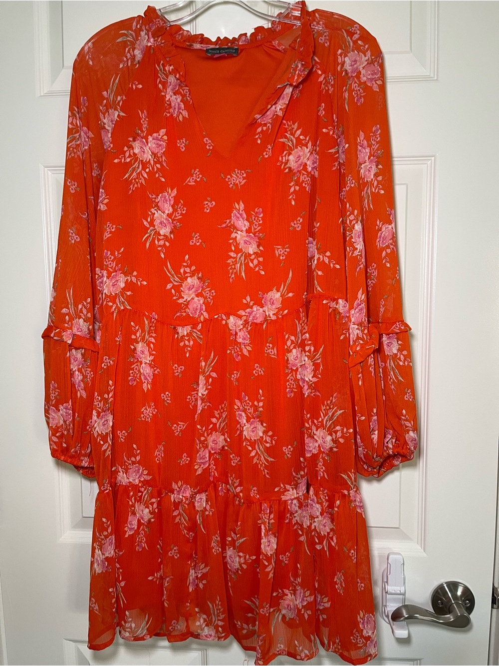 Vince Camuto Orange and Pink Vibrant Floral Midi Dress artsy prarie boho